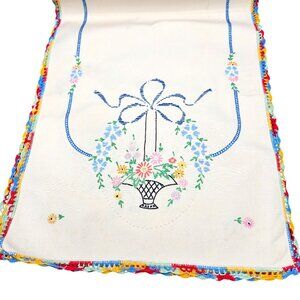 Vintage Hand-Embroidered Linen table runner floral basket design with picot edge
